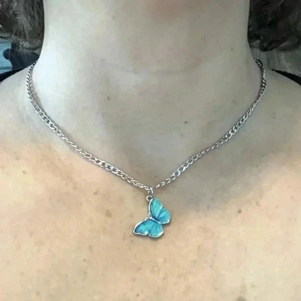 Blue Enamel Silver Butterfly Prairie Cottagecore Necklace NWT